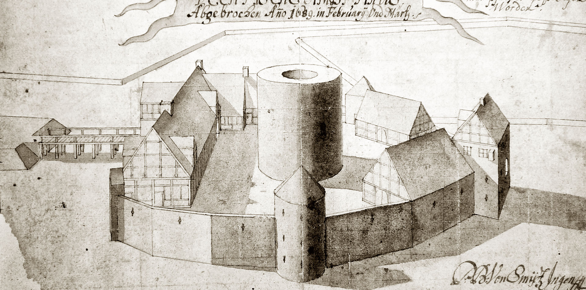 Die Burg Vechta in einer vogelperspektivischen Zeichnung des schwedischen Festungsingenieurs P. B. von Smidtz (1689)